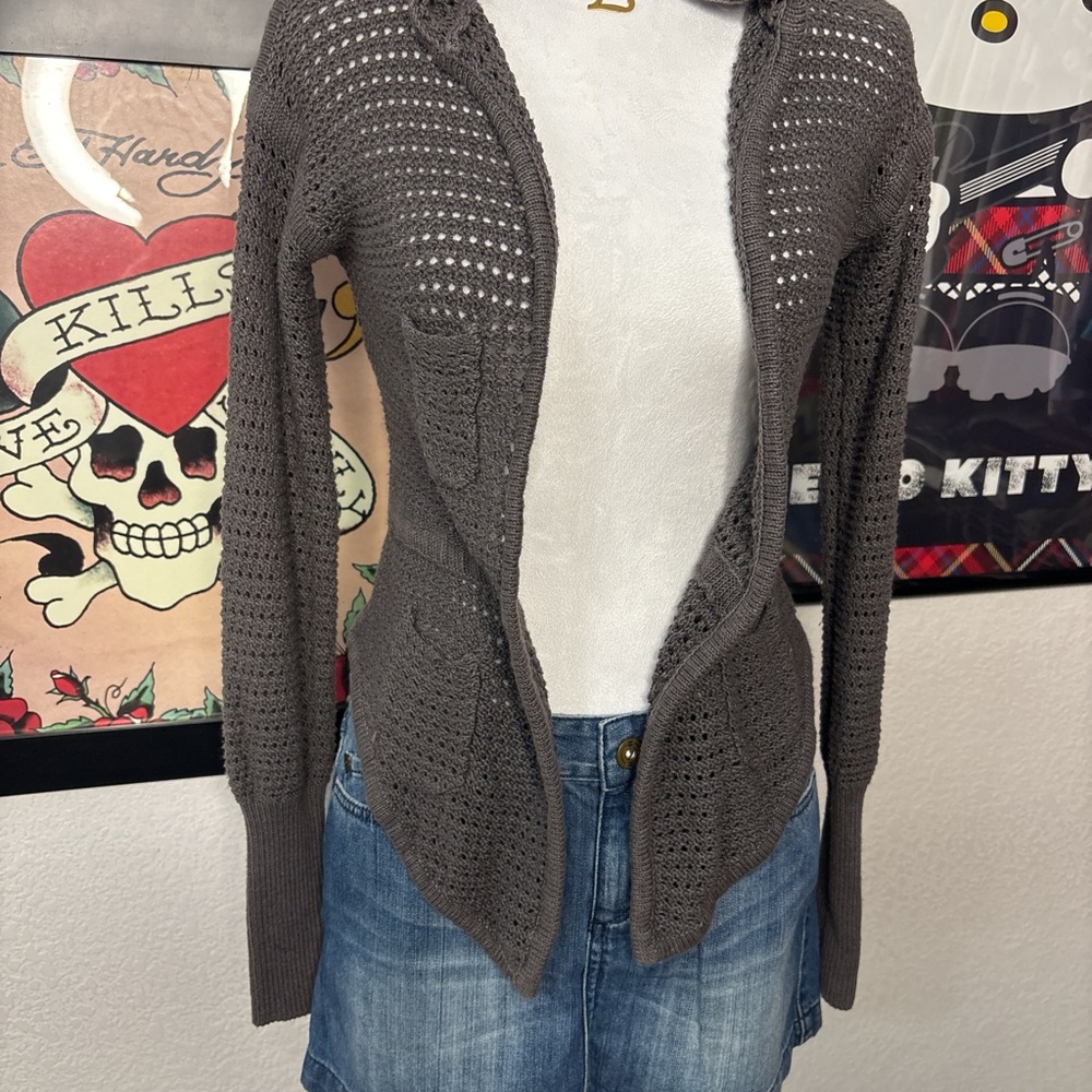 Free People Grey Crochet Knitted Cardigan Sweater - Picture 2 of 8